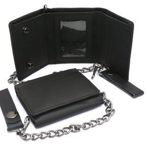 Trifold Black Genuine Leather Wallet with Scale Texture Design with a Chain